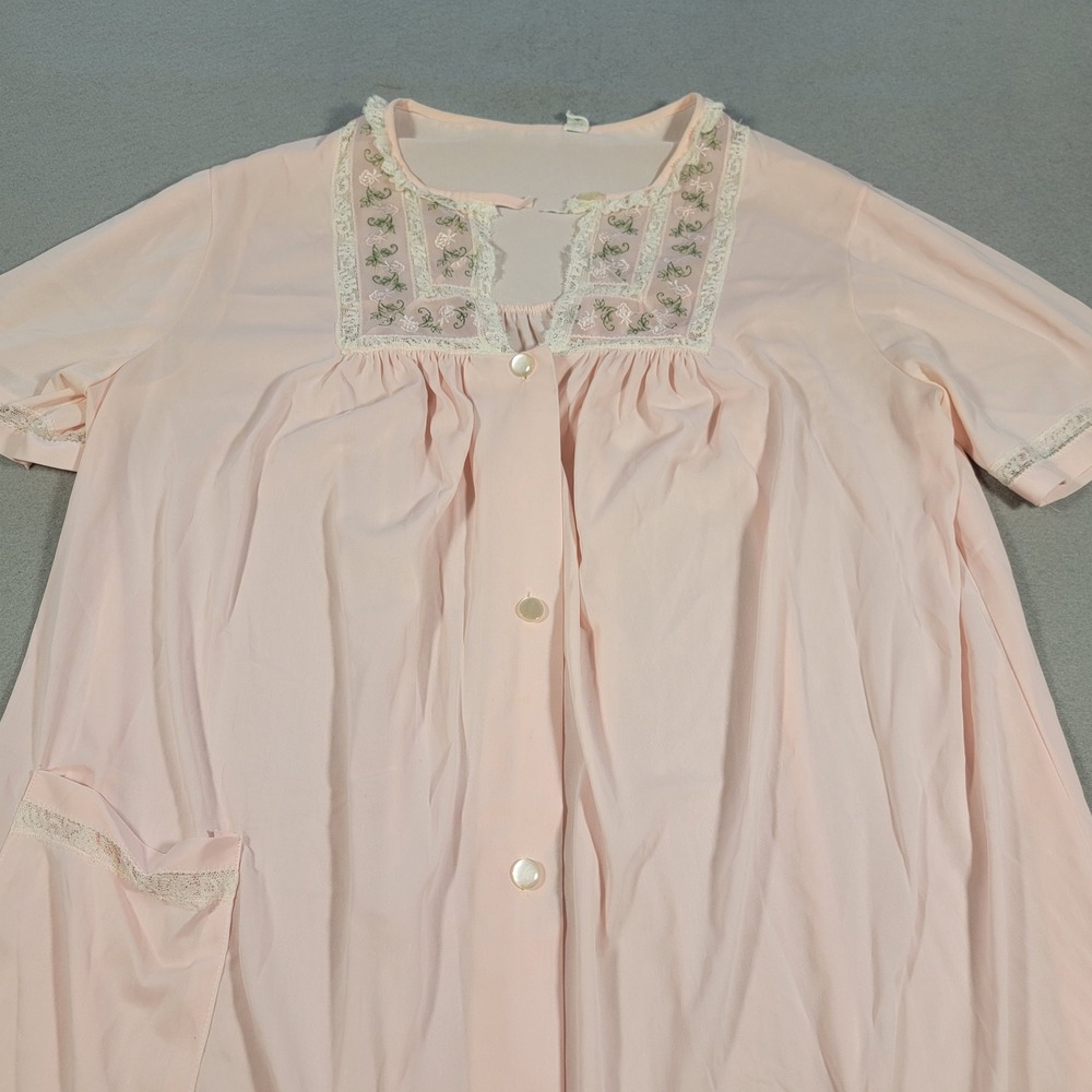 Vintage Komar Pink Floral Lace Trimmed Nightgown Button Front House Dress Medium